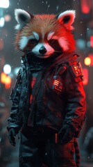 futuristic red panda wearing  a sleek cyberpunk jacket.wallpaper for mobile phone.