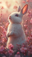 A fluffy white rabbit in a field of blooming.wallpaper for mobile phone.