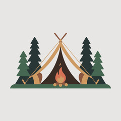 Minimalist campsite illustration with a canvas Aframe tent a warm campfire and surrounding evergreen pine trees.
