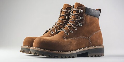 A pair of brown suede hiking boots sits on a white surface. The boots have a thick, lugged rubber sole and are laced up with dark brown laces. 