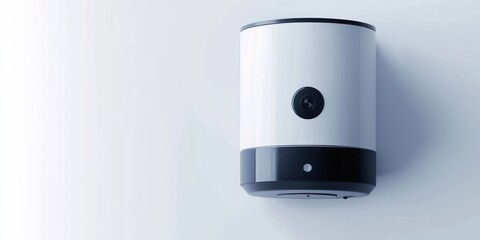 A minimalist, cylindrical security camera is mounted on a white wall. The camera has a white body with a black base and a small, circular lens.