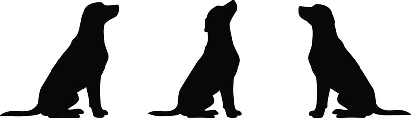 Three black silhouettes of dogs sitting and looking upwards on a white background vector illustration