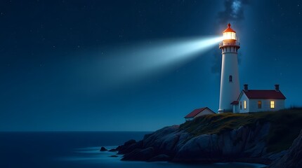A stunning ultrarealistic illustration of a brilliant, powerful lighthouse on a cliffside, illuminating the dark, moonlit ocean under a clear, starry sky with the milky way visible above