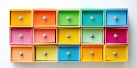 A collection of sixteen miniature, brightly colored drawers are arranged in a horizontal row against a white wall. Each drawer is painted a different shade of the rainbow 