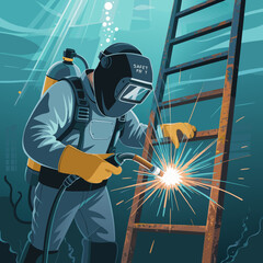 Professional underwater welder in a helmet and diving suit using a torch on a metal ladder.
