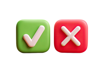 Two 3D rendered, square icons.  Green square with a white checkmark, red square with a white X.  Icons have a slightly raised, rounded effect