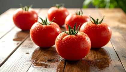 Fresh red tomatoes with water drops on rustic wooden table, natural daylight, food photography