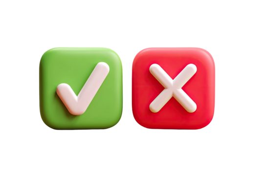 Two 3D rendered, square icons.  Green square with a white checkmark, red square with a white X.  Icons have a slightly raised, rounded effect