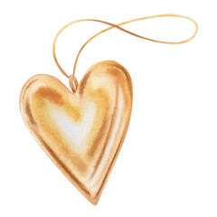 Gold heart with rope, shiny decoration ornament. Heart made of gold watercolor illustration isolated on transparent background.