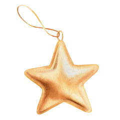 Christmas star shaped decoration with rope, shiny ornament. Star made of gold watercolor illustration isolated on transparent background.