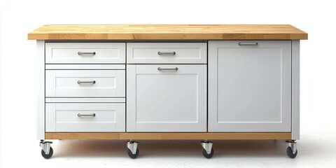 A light gray rolling island features a wooden countertop and multiple drawers and cabinets. The island has four casters for mobility and silver hardware on the drawers and cabinet doors. 