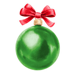 Green Christmas ball with red ribbon, watercolor illustration, PNG shiny bright green ball with silk bow on top. New Year and Christmas decoration