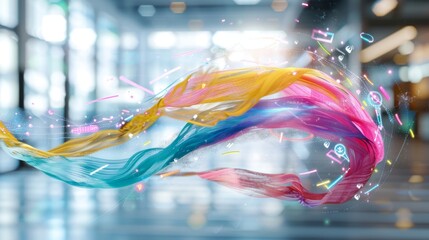 Dynamic Exchange of Ideas, vibrant arrows and symbols illustrating demand and operations in a corporate setting, showcasing adaptability and progress