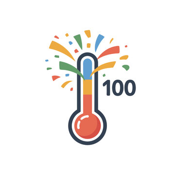 Stylized fundraising thermometer icon reaching 100 percent goal with colorful confetti.