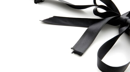 Elegant Black Ribbon with Frayed Edges on White Background for Crafting and Decoration