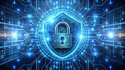 Digital cybersecurity shield with a padlock and glowing blue circuits representing network security and data protection