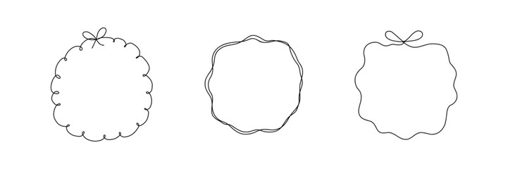 Whimsical wedding frame collection with hand-drawn black line ribbon borders. Minimalist decorative outlines for invitations, greeting cards, romantic notes, anniversary designs, elegant stationery