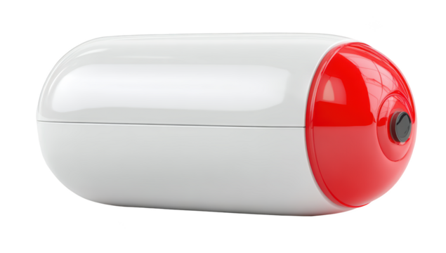Pill-shaped, red-and-white object. Rounded ends, black button. Isolated on black background