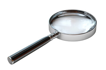 Shiny magnifying glass. Silver frame with handle. Transparent lens isolated on black background