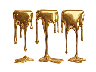 Three drips of molten gold against a black background.  The drips are glossy and reflective, showcasing a liquid gold aesthetic.  The drips have a slightly uneven, textured surface