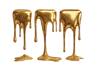Three drips of molten gold against a black background.  The drips are glossy and reflective, showcasing a liquid gold aesthetic.  The drips have a slightly uneven, textured surface