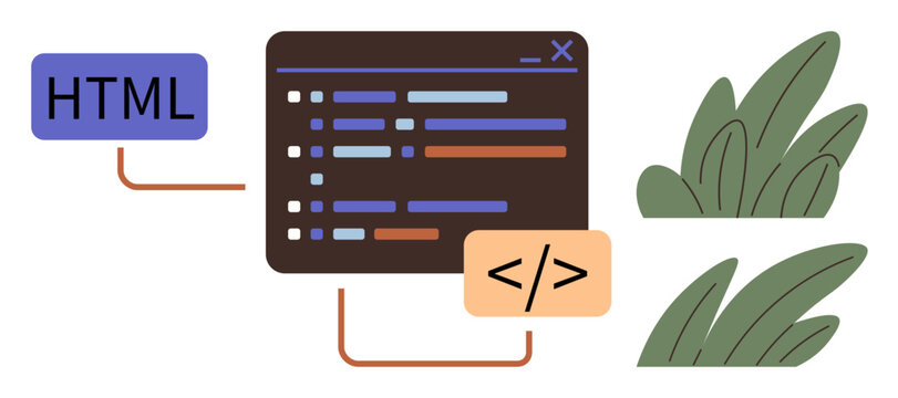 Code editor interface connected to HTML box and coding tag, with abstract green leaves for creative touch. Ideal for web development, coding, programming, learning, design, technology innovation. A