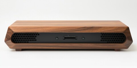 A sleek, dark brown media player sits on a white surface. The device has a geometric, angular design with a wooden top and a black base. It features a rectangular slot for inserting a memory card 