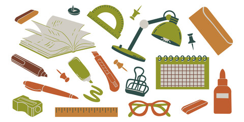 Back to school set. School supplies, colorful educational items such as books, rulers, scissors, bags and colored pencils, vector illustration collection.