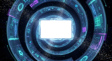 Futuristic Digital Interface with Circular Data Visualizations and Bright Neon Glows