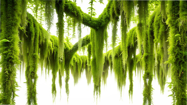 Intricate network of mosscovered branches with hanging moss, creating a dense, natural canopy against a transparent background