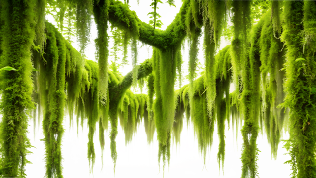 Intricate network of mosscovered branches with hanging moss, creating a dense, natural canopy against a transparent background