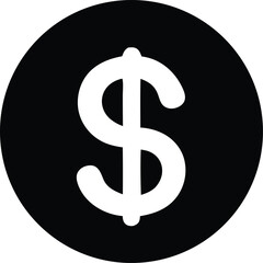 Bold white dollar sign inside a solid black circle graphic symbolizing currency finance business and economic wealth