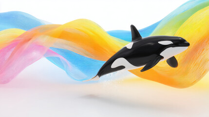 Obraz premium Orca whale jumping through rainbow colors on white background