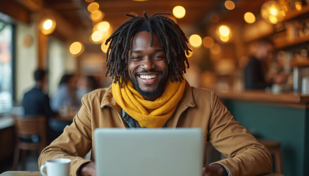 Happy african american man with dreadlocks using laptop in vibrant cafe. Entrepreneur smiles while working on computer, drink coffee. Freelancer enjoys remote workplace atmosphere, modern tech, wifi.