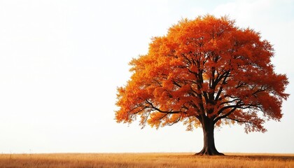 Solitary autumn tree with orange foliage on field against white sky background. Oak tree with red leaves. Beautiful autumnal nature banner with vibrant seasonal fall colors. Rural landscape with