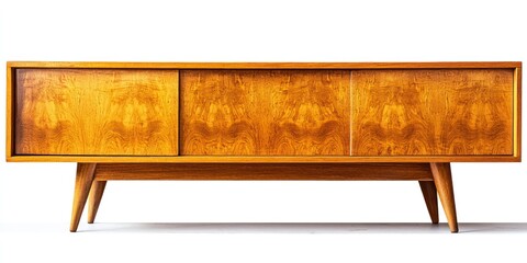 A mid-century modern sideboard stands prominently against a white background. The cabinet features a rich, warm walnut finish with striking figurewood grain patterns. It has three sliding doors