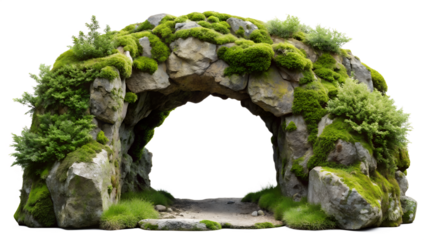 Stone archway covered in lush green moss and vegetation, isolated on transparent background