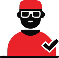 Stylized male icon with red shirt glasses and checkmark symbol representing approval or completion of task