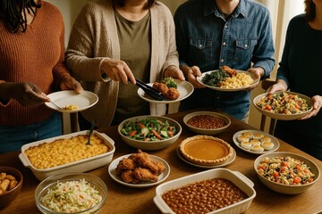 Diverse group enjoying Thanksgiving feast.