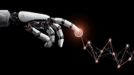 Robotic hand touching bitcoin cryptocurrency showing growth chart on black background