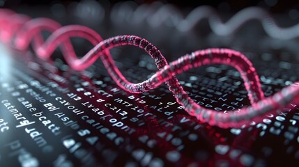Abstract Representation of DNA Strands with Glowing Red Light and Data Background for Science