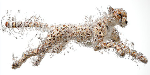 Obraz premium Cheetah running with water splashes and swirls on white background