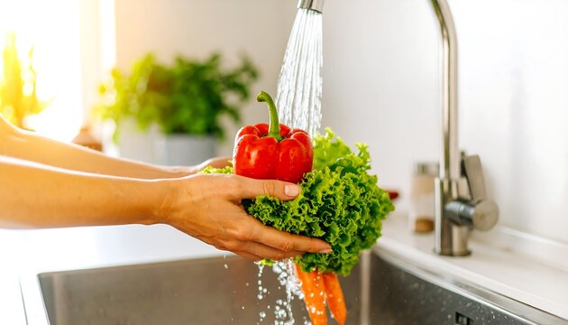 Hands washing vegetables under faucet