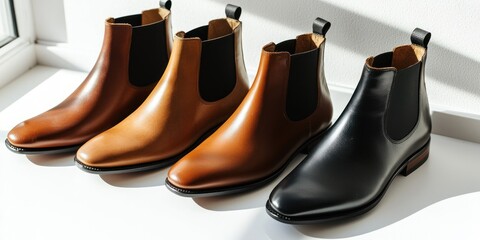 A row of four leather Chelsea boots sits on a white surface, illuminated by natural light streaming through a window. The boots are arranged in shades of brown,