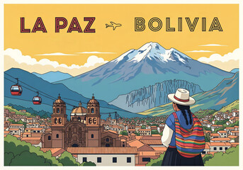 Vintage travel poster, La Paz, Bolivia, art in the style of retro illustration