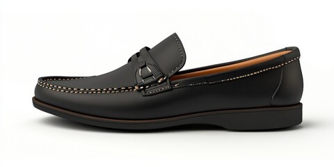 A single, black leather loafer sits against a stark white background. The shoe has a classic design with a rounded toe, a visible moccasin construction