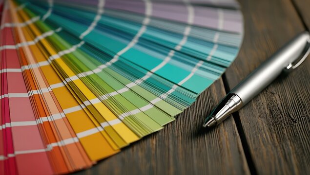 Color swatches fan, pen on wood table, design inspiration