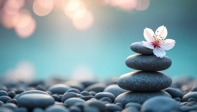 Zen stones stacked near calm water with delicate white blossom on top. Soft bokeh lights in background create serene, tranquil atmosphere. Promotes self-care, mindfulness, and overall well-being. - Powered by Adobe
