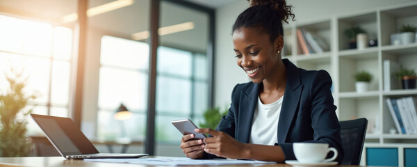 Smiling African-American business woman checking stock market online via smartphone at office desk. Young female trader analyzes data, using mobile app, works with laptop in cyberspace. Financial