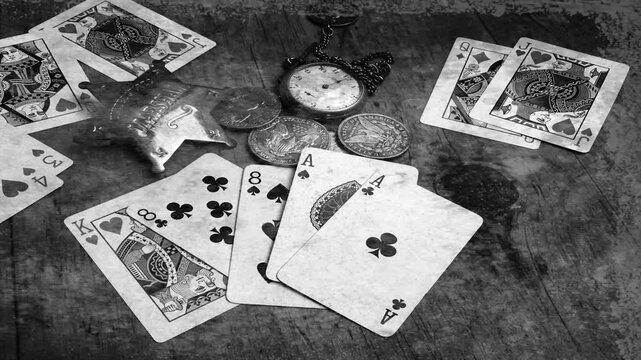 Simulated distressed old photo of the Dead man's hand . Aces and two Eights, named after Wild Bill Hickok who was killed 1876 while holding this poker hand. .Deadwood, Dakota Territory, USA